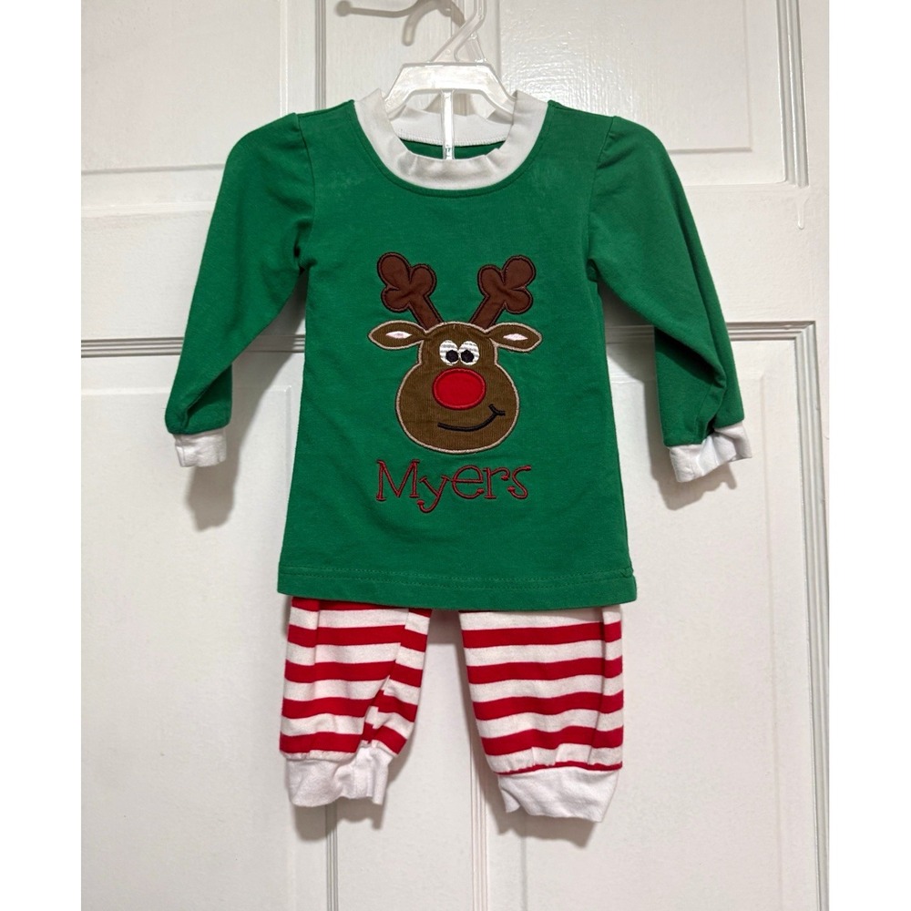 12M "Myers" Monogrammed Embroidered Christmas Two Piece Outfit Pants Reindeer